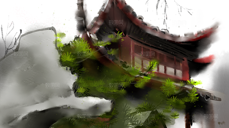 古风山水建筑凉亭荷花风景点插画海报背景