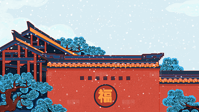 古风山水建筑凉亭荷花风景点插画海报背景