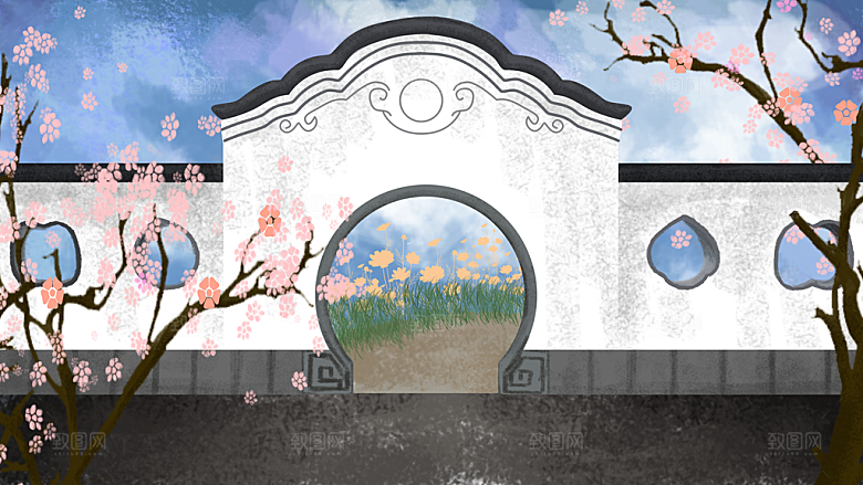 古风山水建筑凉亭荷花风景点插画海报背景