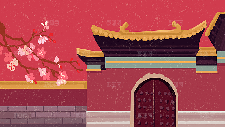 古风山水建筑凉亭荷花风景点插画海报背景