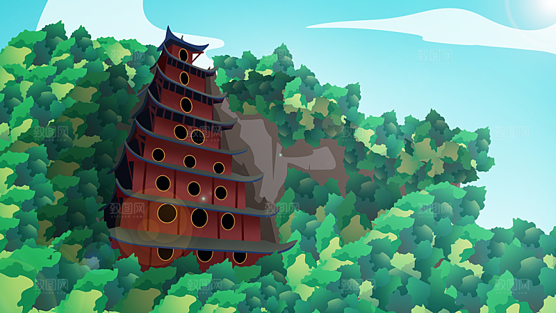 古风山水建筑凉亭荷花风景点插画海报背景