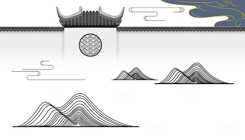 古风山水建筑凉亭荷花风景点插画海报背景