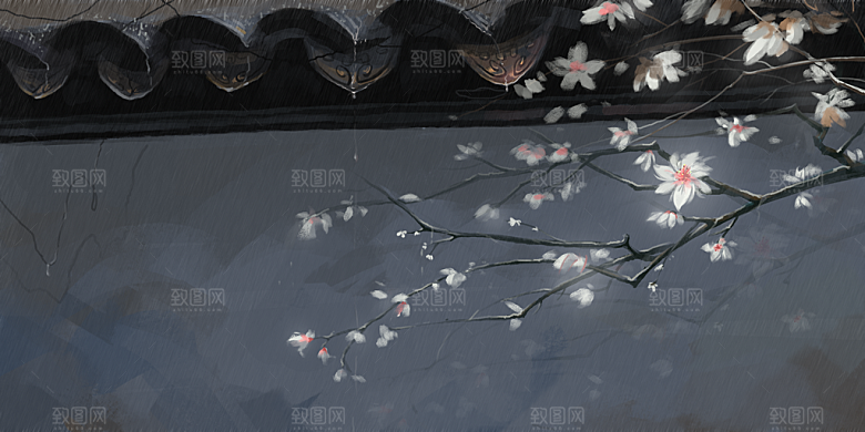 古风山水建筑凉亭荷花风景点插画海报背景