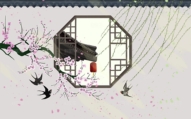 古风山水建筑凉亭荷花风景点插画海报背景