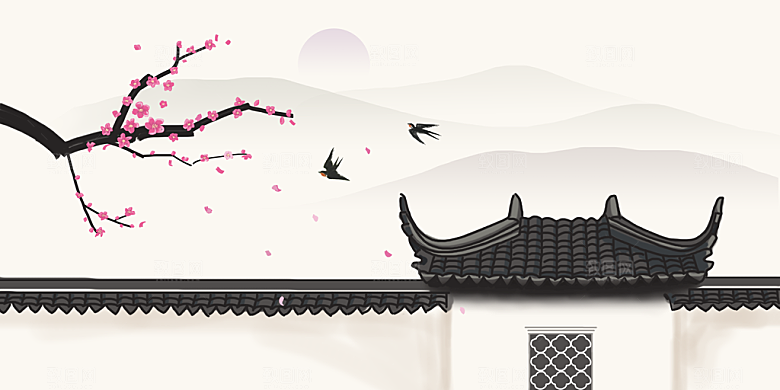 古风山水建筑凉亭荷花风景点插画海报背景