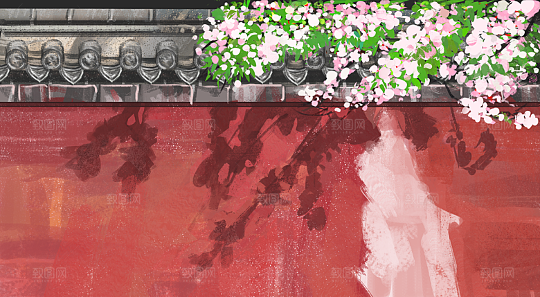 古风山水建筑凉亭荷花风景点插画海报背景