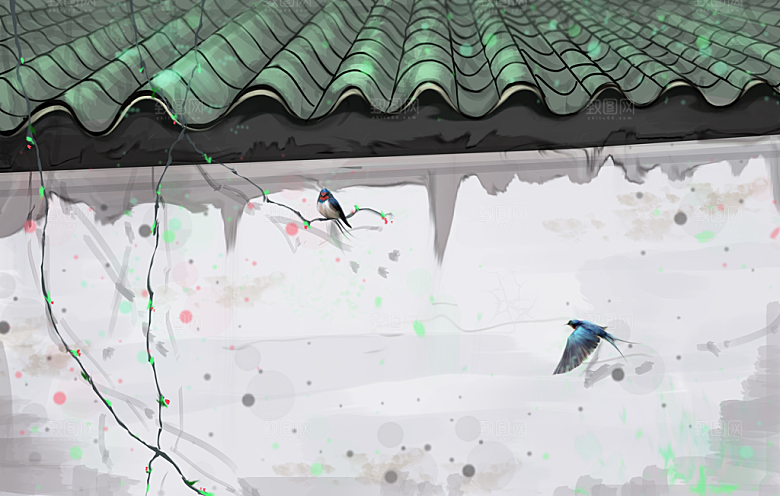 古风山水建筑凉亭荷花风景点插画海报背景