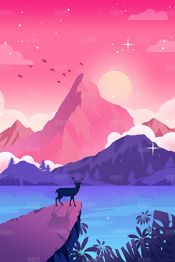 扁平风手绘风景插画模版