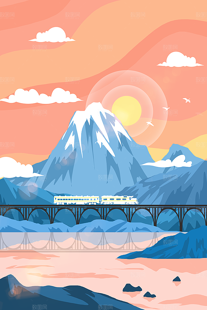扁平风手绘风景插画模版
