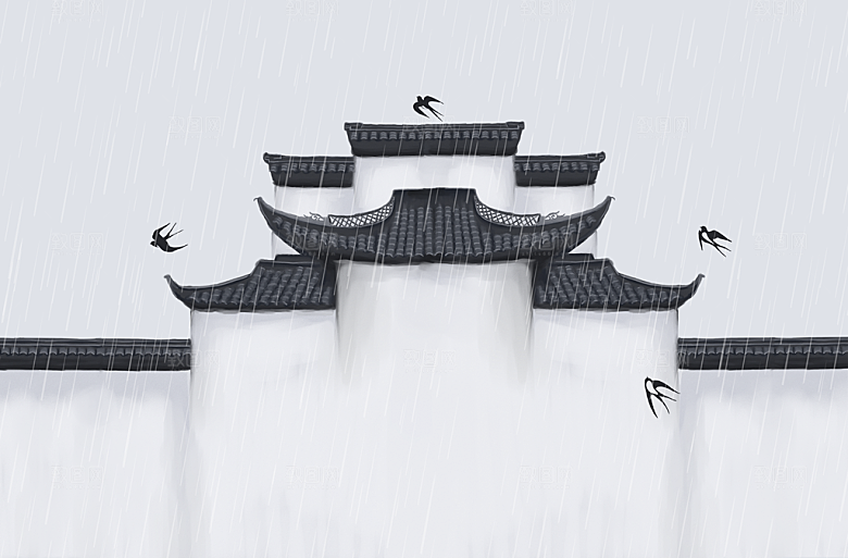 古风山水建筑凉亭荷花风景点插画海报背景