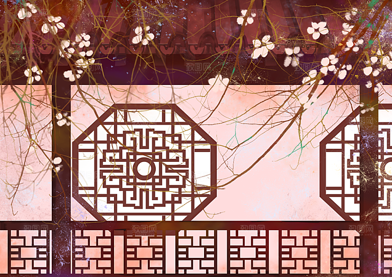 古风山水建筑凉亭荷花风景点插画海报背景