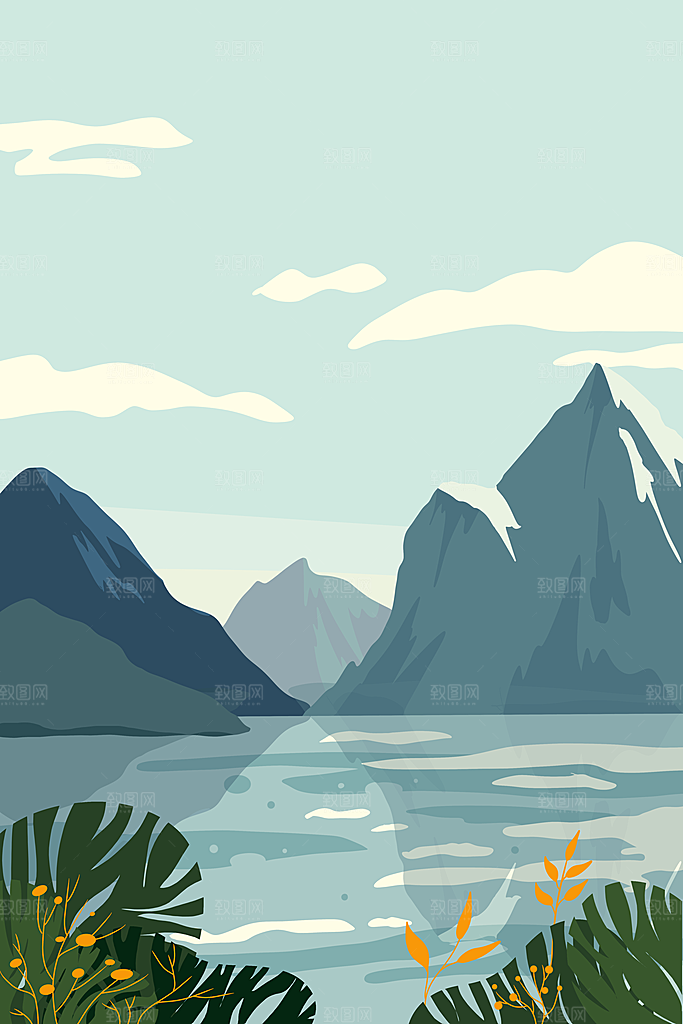 扁平风手绘风景插画模版