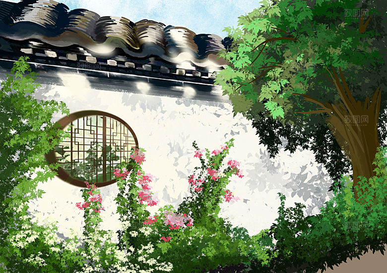 古风山水建筑凉亭荷花风景点插画海报背景