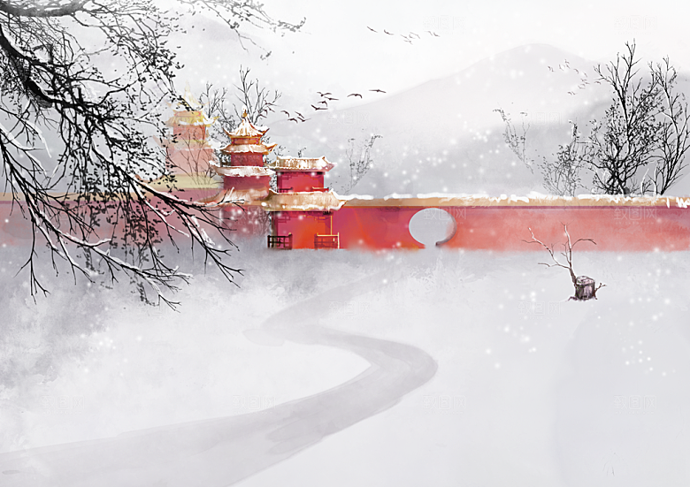 古风山水建筑凉亭荷花风景点插画海报背景