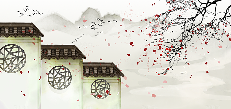 古风山水建筑凉亭荷花风景点插画海报背景
