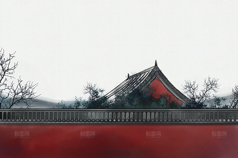 古风山水建筑凉亭荷花风景点插画海报背景