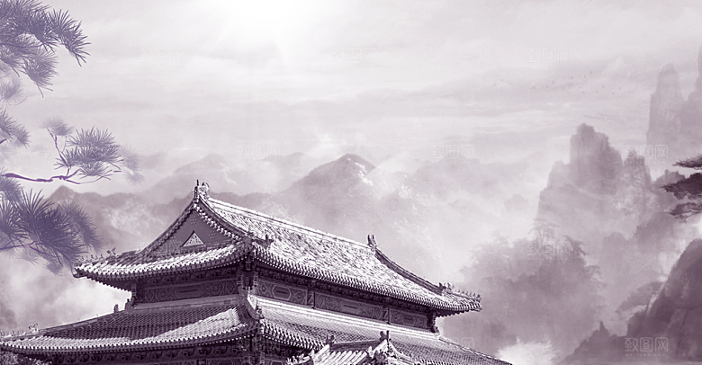 古风山水建筑凉亭荷花风景点插画海报背景