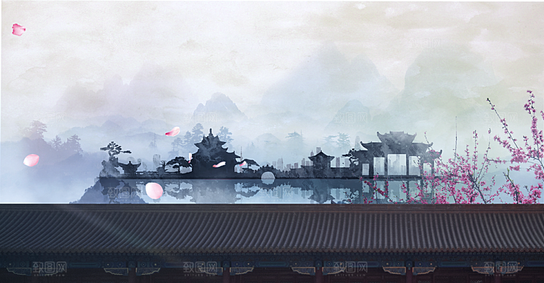 古风山水建筑凉亭荷花风景点插画海报背景