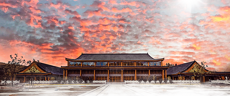 古风山水建筑凉亭荷花风景点插画海报背景