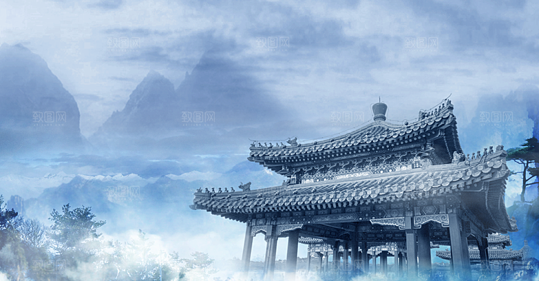 古风山水建筑凉亭荷花风景点插画海报背景