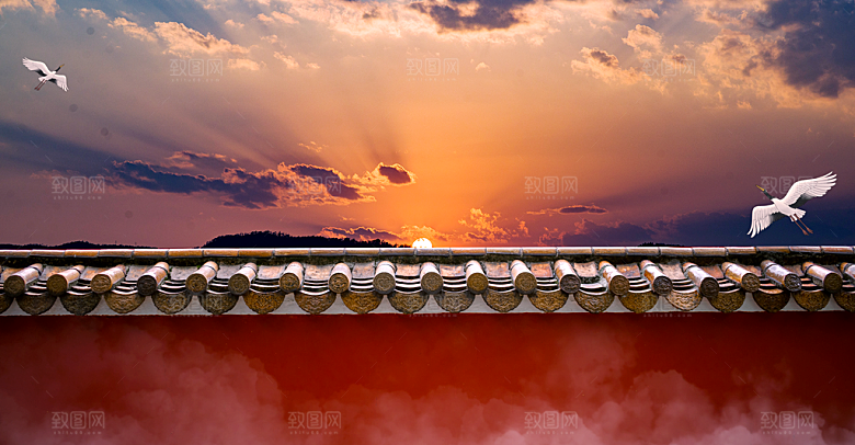 古风山水建筑凉亭荷花风景点插画海报背景
