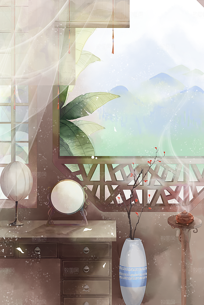 古风山水建筑凉亭荷花风景点插画海报背景