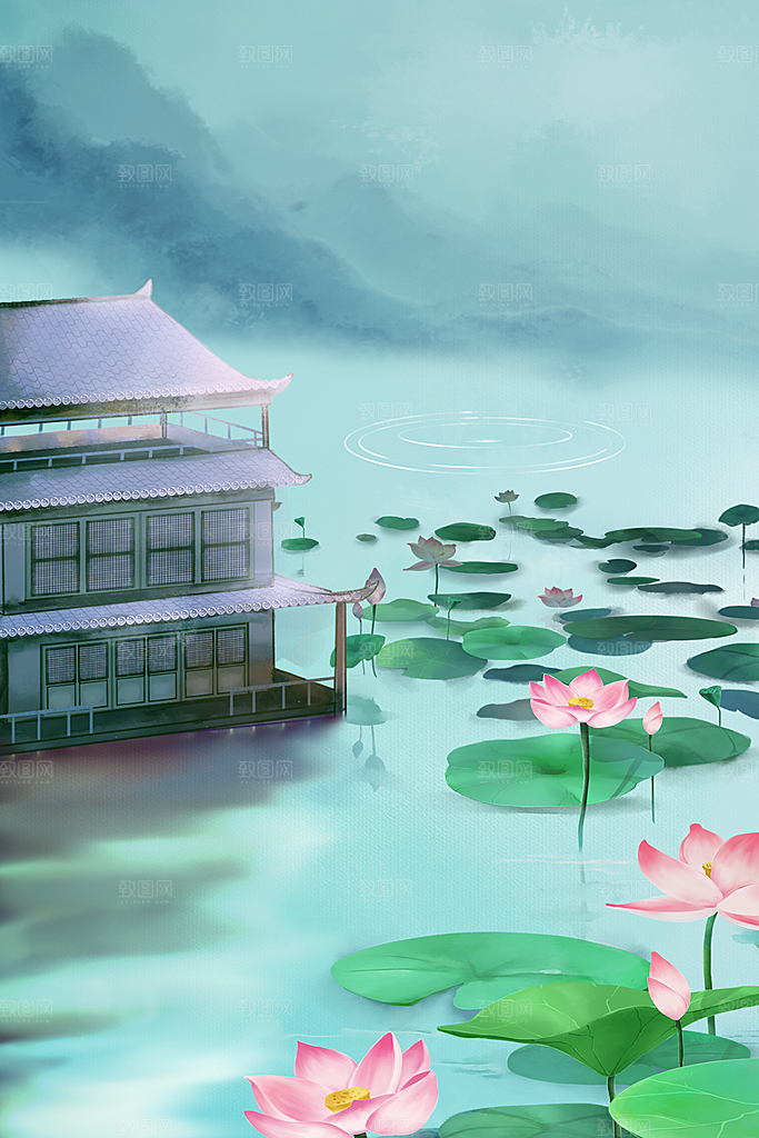 古风山水建筑凉亭荷花风景点插画海报背景