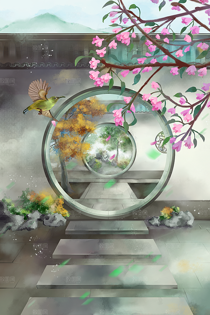 古风山水建筑凉亭荷花风景点插画海报背景