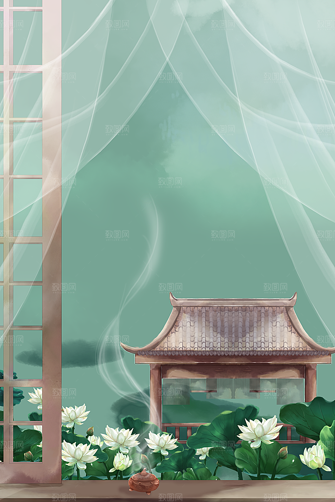 古风山水建筑凉亭荷花风景点插画海报背景