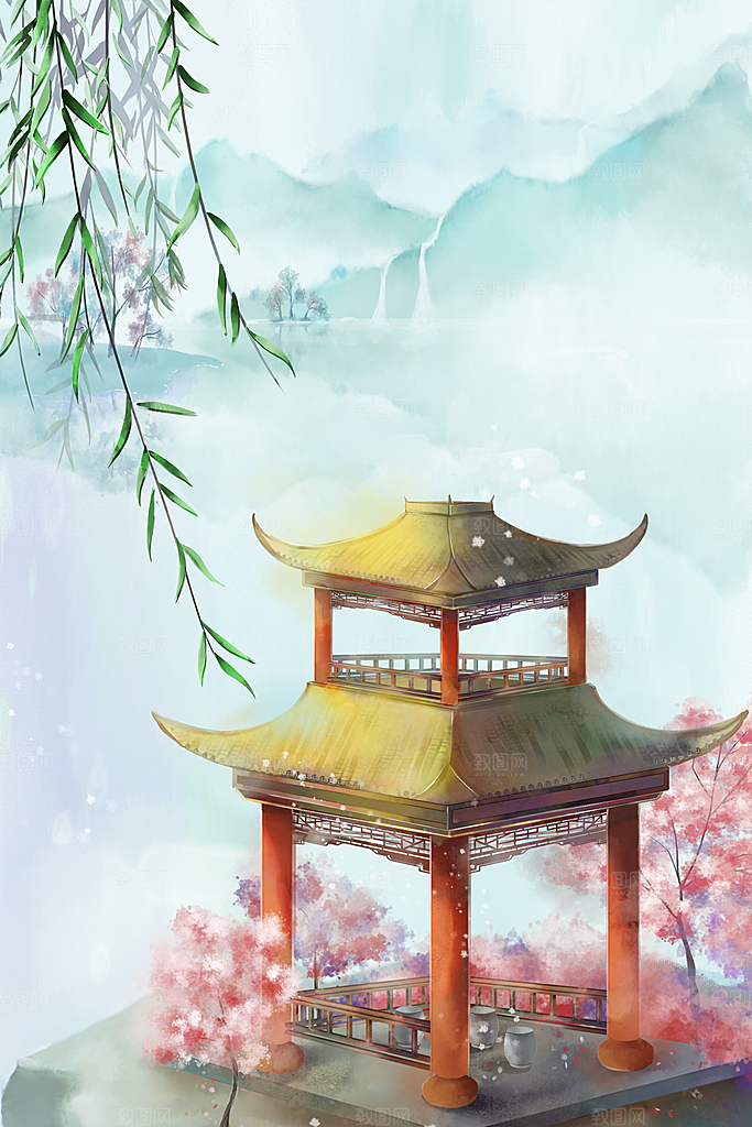 古风山水建筑凉亭荷花风景点插画海报背景