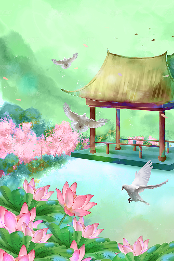 古风山水建筑凉亭荷花风景点插画海报背景