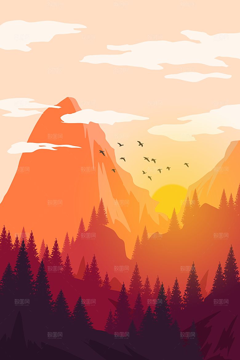 扁平风手绘风景插画模版