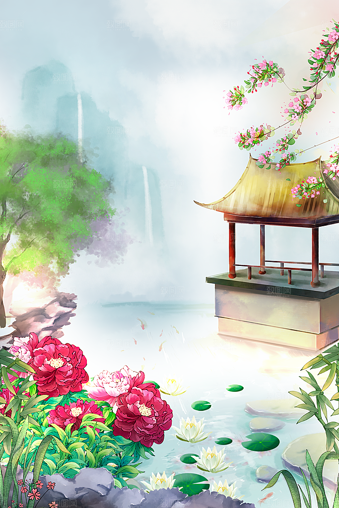 古风山水建筑凉亭荷花风景点插画海报背景