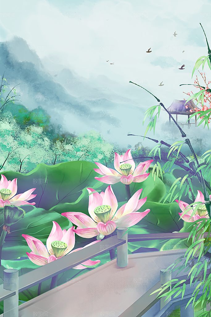 古风山水建筑凉亭荷花风景点插画海报背景