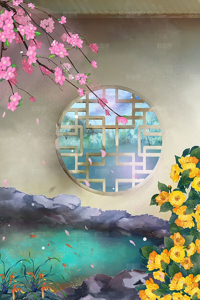 古风山水建筑凉亭荷花风景点插画海报背景