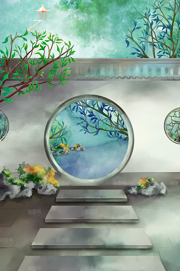 古风山水建筑凉亭荷花风景点插画海报背景