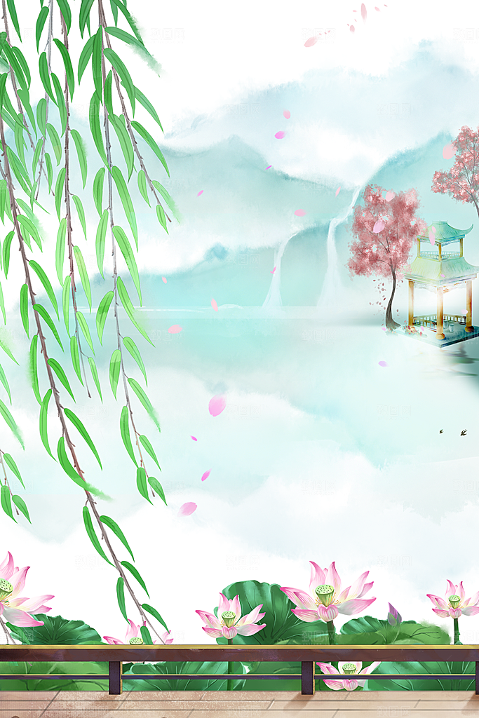 古风山水建筑凉亭荷花风景点插画海报背景