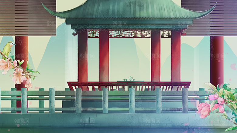 古风山水建筑凉亭荷花风景点插画海报背景
