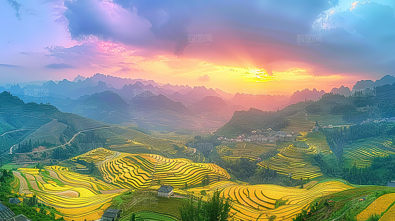 风光乡村自然唯美稻田田园梯田景色风景