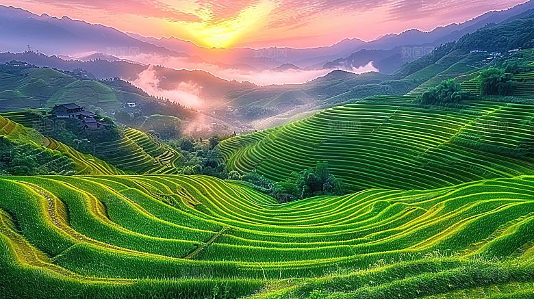风光乡村自然唯美稻田田园梯田景色风景