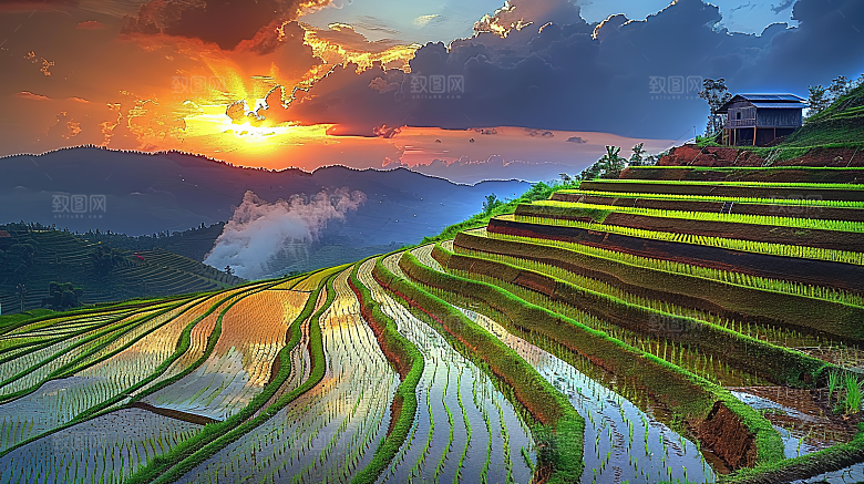 风景乡村自然唯美风光田园稻田梯田景色