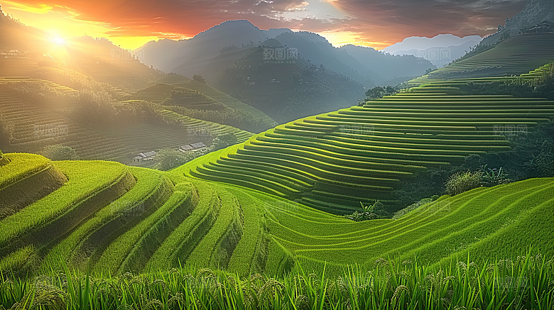 风景乡村自然唯美风光田园稻田梯田景色