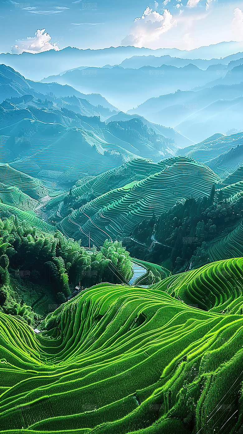 自然景色稻田唯美梯田乡村田园风光风景