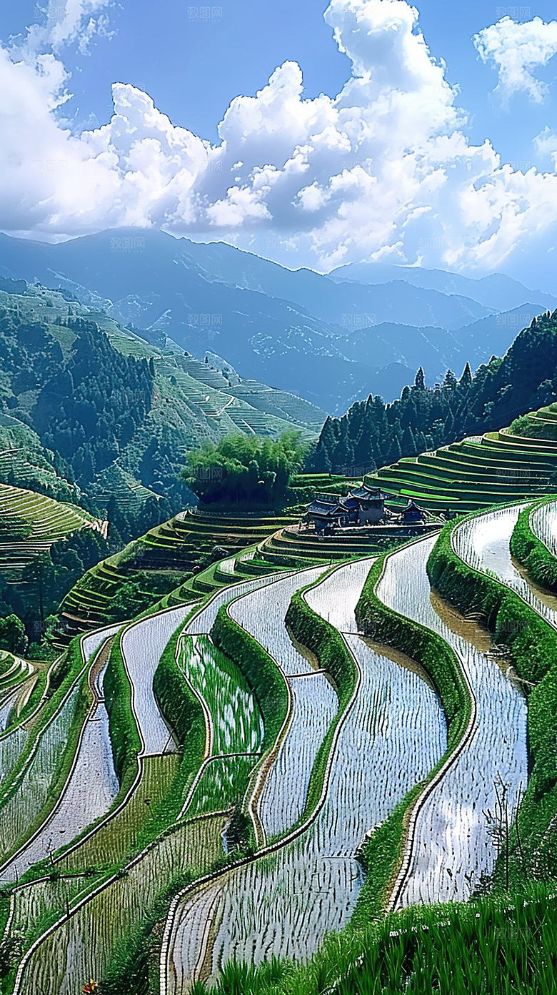 风景唯美乡村梯田田园景色自然风光稻田