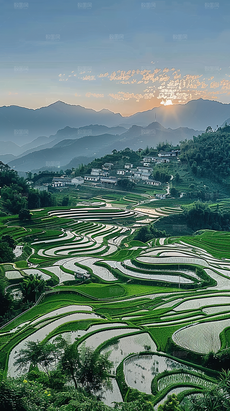 风景唯美乡村梯田田园景色自然风光稻田