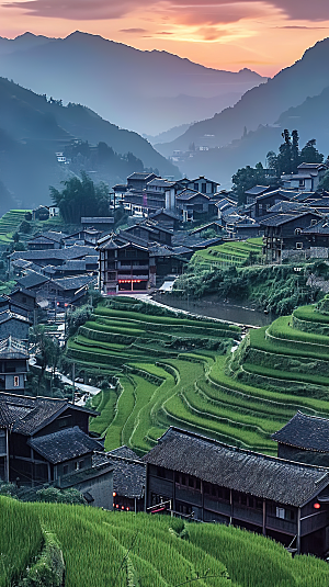 自然乡村景色梯田稻田风光田园唯美风景