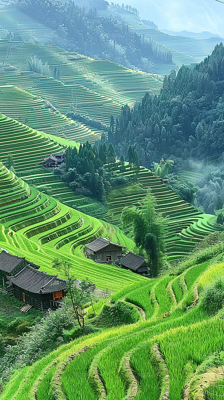 自然乡村景色梯田稻田风光田园唯美风景