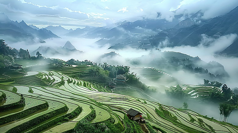 自然乡村景色梯田稻田风光田园唯美风景