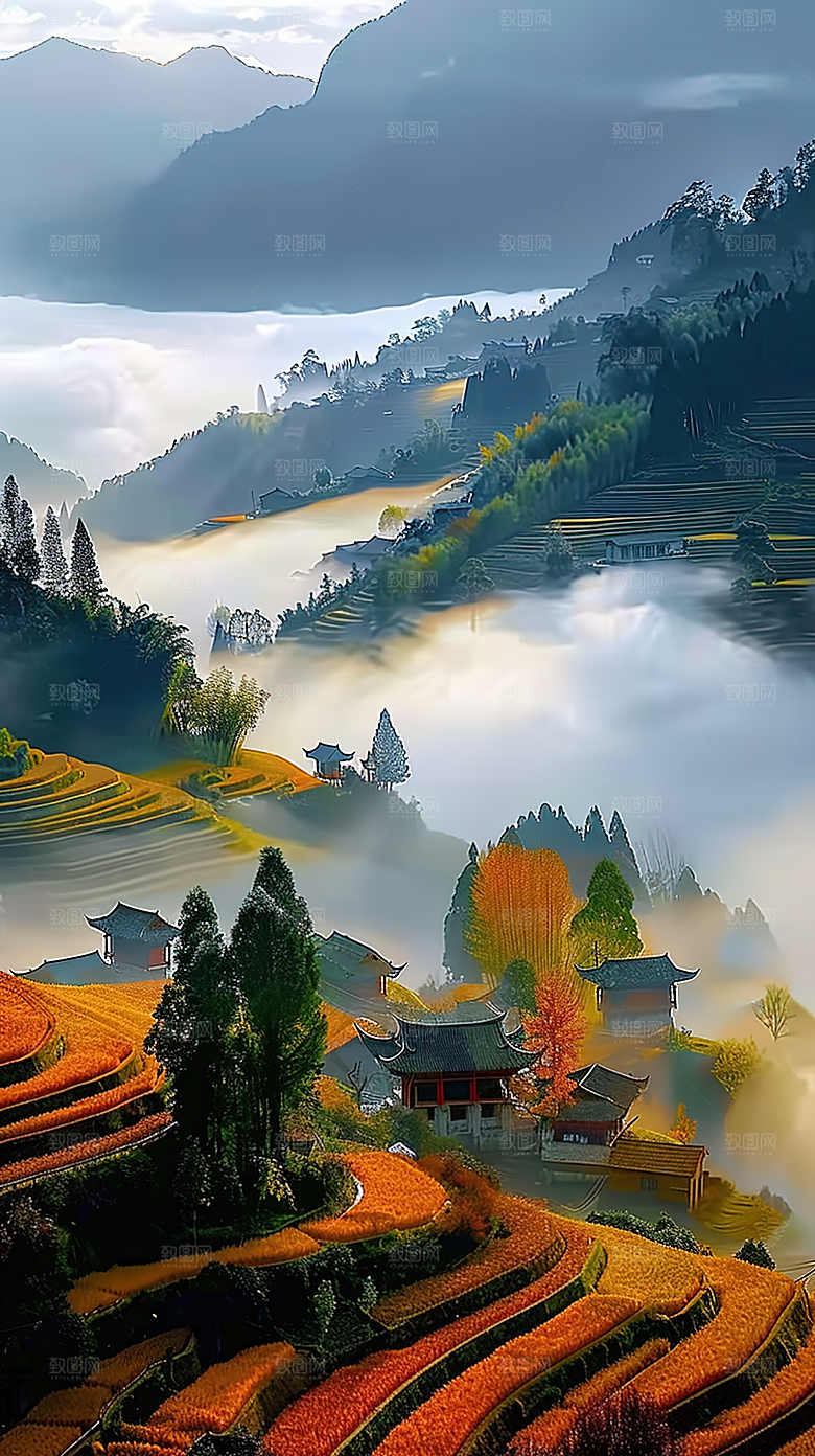 自然乡村景色梯田稻田风光田园唯美风景