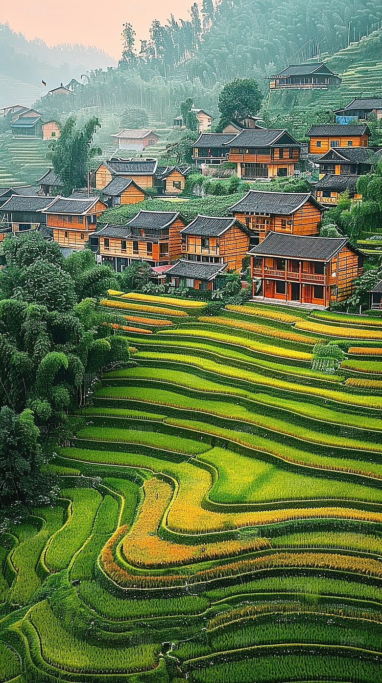 自然乡村景色梯田稻田风光田园唯美风景